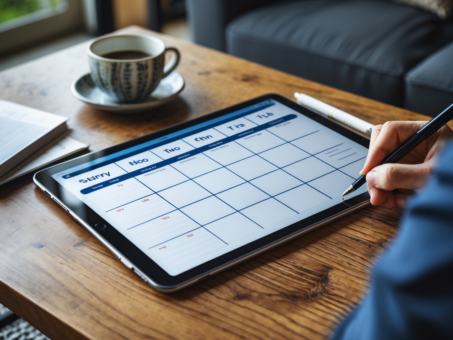 Person planning schedule with tablet and pen