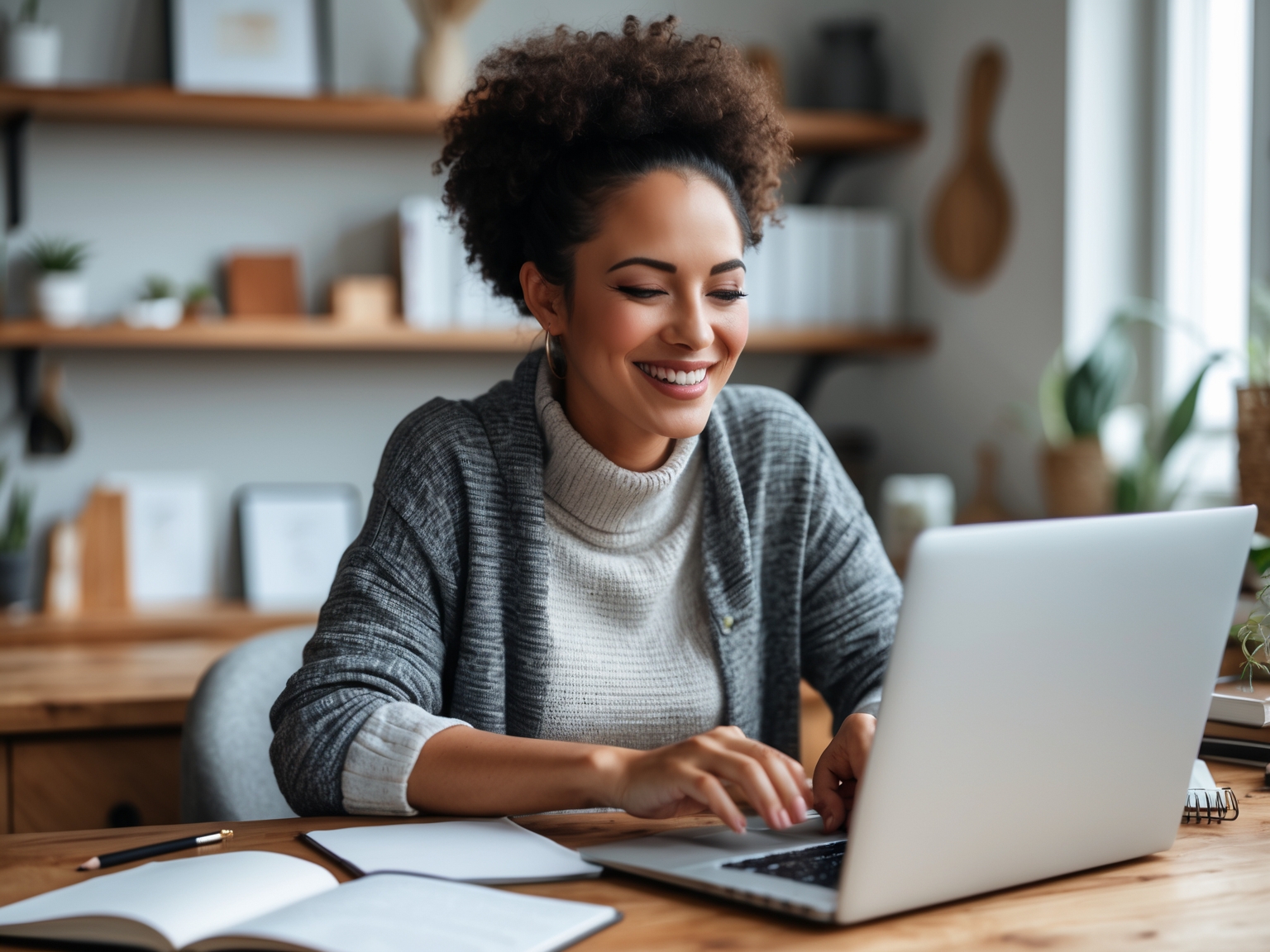 Professional using AI productivity tools in a cozy home office