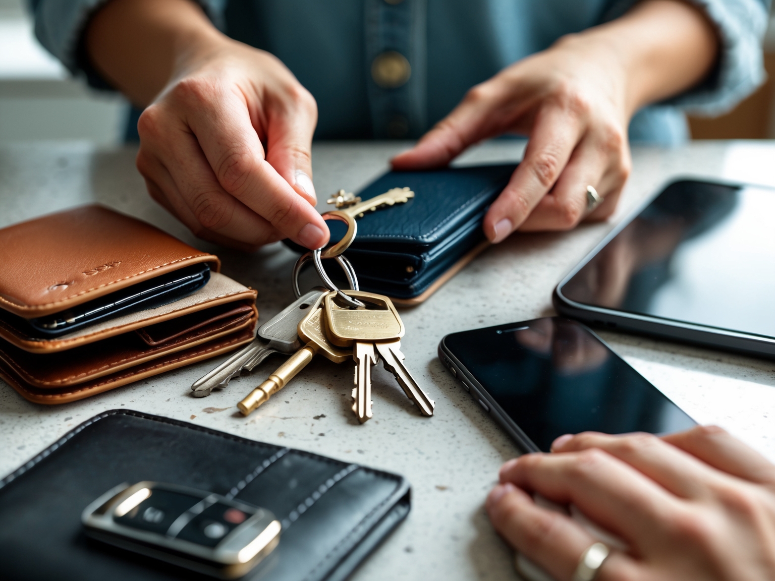 Hands organizing personal items