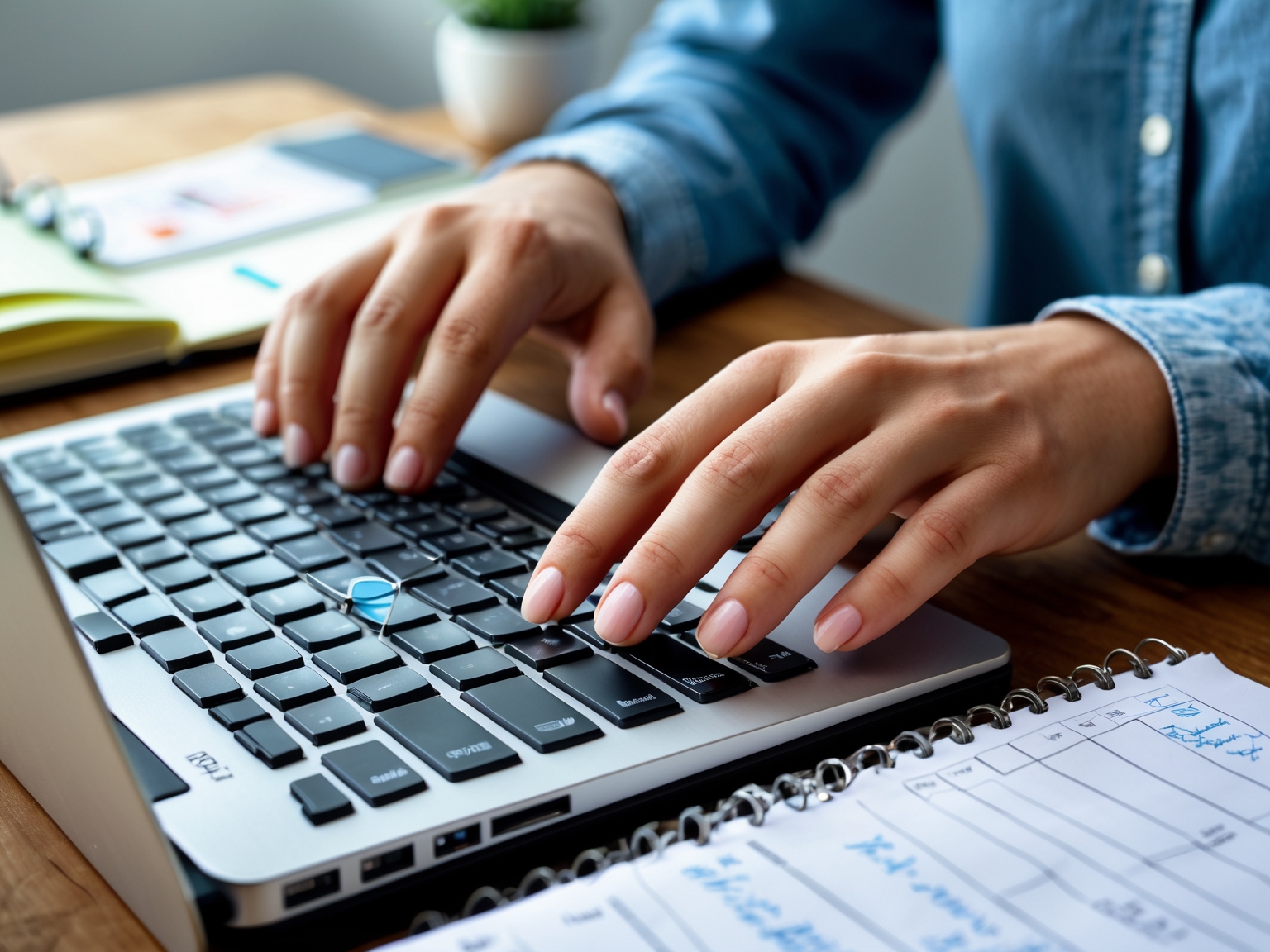 Hands typing on keyboard with productivity notes